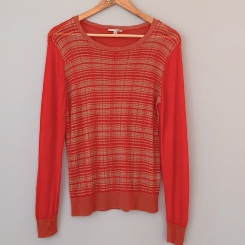 Halogen • Coral Red Tan Sheer Plaid Long Sleeve Sweater Size Medium Petite